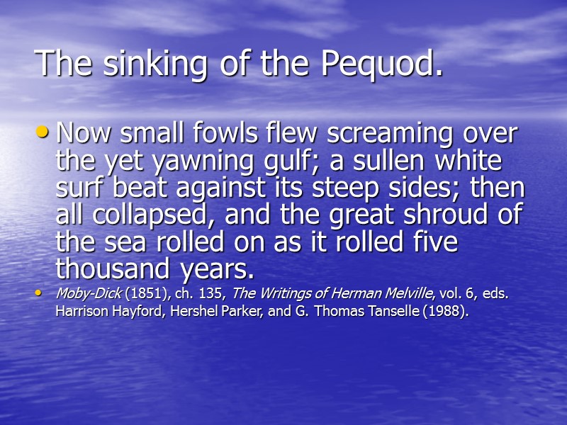 The sinking of the Pequod. Now small fowls flew screaming over the yet yawning